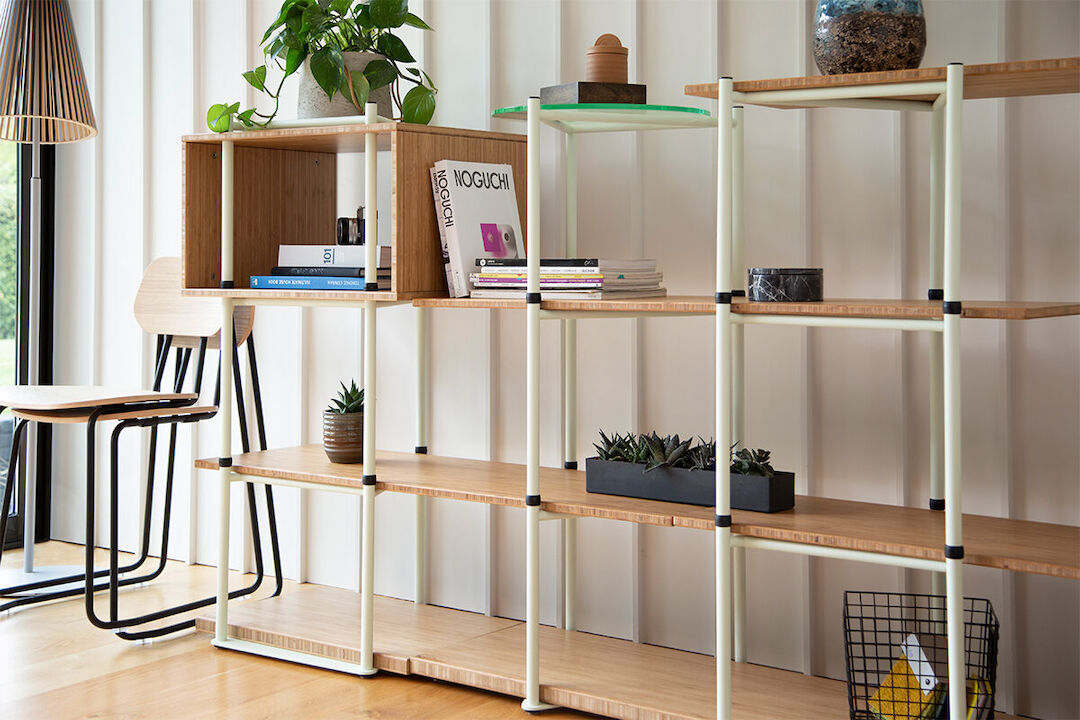 Frovi’s modular bamboo shelving range is made with pressed bamboo